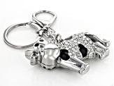 White Crystal With Black Enamel Silver Tone Cow Keychain