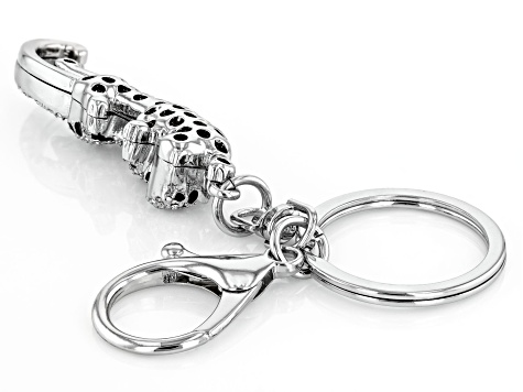 White & Green Crystal With Black Enamel Silver Tone Jaguar Keychain