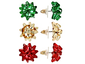 Gold, Red & Green Tone Gift Bow Set of 3 Stud Earrings