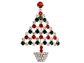 Red, Green & White Crystal Gold Tone Christmas Tree Brooch