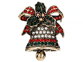 Red, Green & White Crystal Gold Tone Christmas Bell Brooch