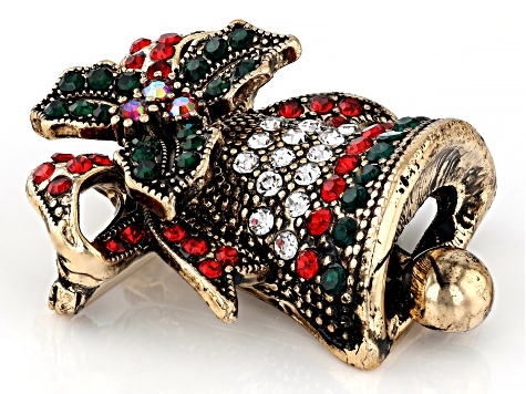 SELOVO Gold Tone Wreath Brooch With Green & Red Austrian Crystals & Enamel Bell