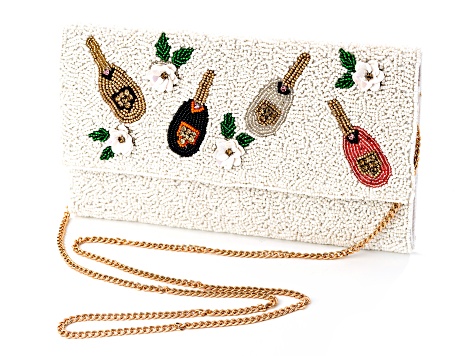 Crystal Champagne Bottles & Flowers Beaded Clutch