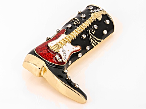White Glass & Multi Color Enamel Guitar Cowboy Boot Gold Tone Brooch