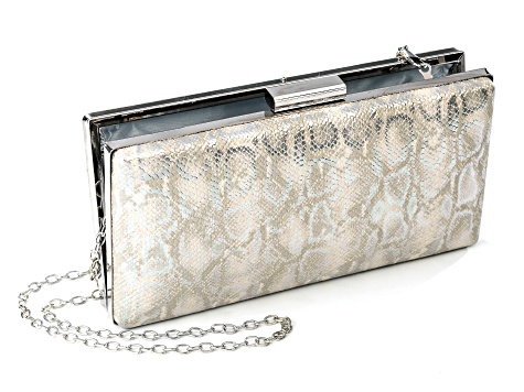 Snake Print Faux Leather Silver Tone Clutch