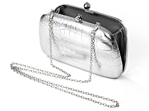 Crocodile Print Faux Leather Silver Tone Clutch