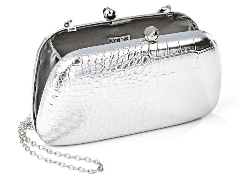 Crocodile Print Faux Leather Silver Tone Clutch