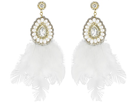 Glass Crystal With Imitation Pearl & Faux Feather Gold Tone Dangle Earrings