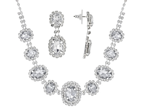 Glass Crystal Silver Tone Necklace And Earring Set