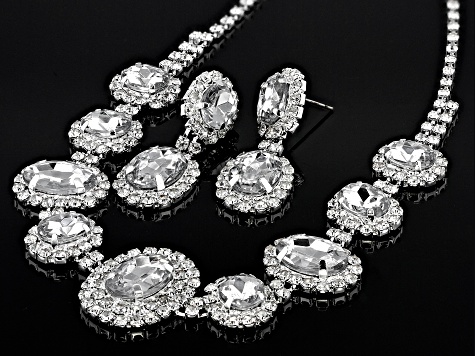 Glass Crystal Silver Tone Necklace And Earring Set