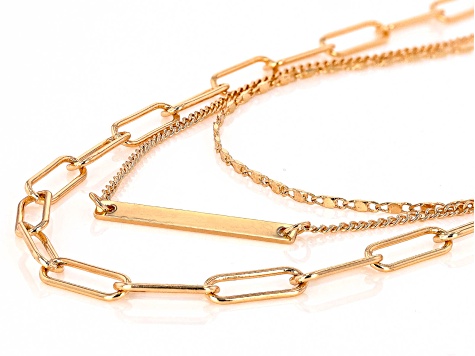 Gold Tone Paperclip, Bar, & Chain Link Set of 3 Necklaces