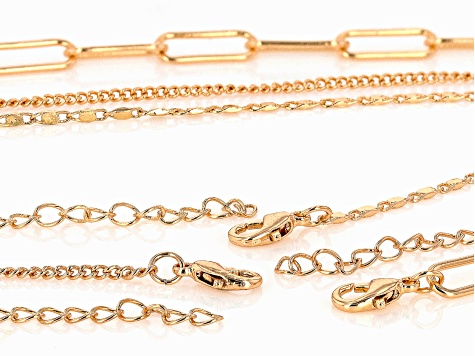 Gold Tone Paperclip, Bar, & Chain Link Set of 3 Necklaces