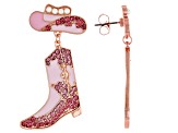 Pink Crystal With Imitation Pearl Rose Tone Cowboy Boots Dangle Earrings