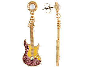 Pink & White Crystal With Imitation Pearl Gold Tone Guitar Dangle Earrings