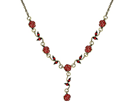 Red Crystal Gold Tone Rose Lariat Necklace