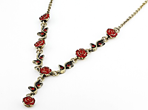 Red Crystal Gold Tone Rose Lariat Necklace