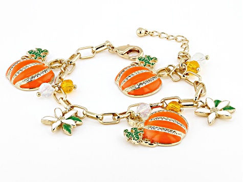 White and Orange Crystals Gold Tone Pumpkin Charm Bracelet