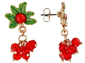 Red Acrylic Bead Gold Tone Dangle Earrings