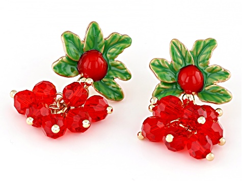 Red Acrylic Bead Gold Tone Dangle Earrings