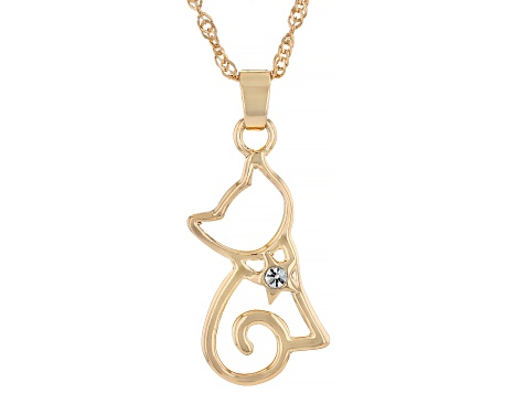 White Crystal Gold Tone Cat Pendant With Chain