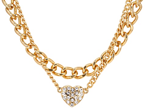 White Glass Crystal Gold Tone Dual Chain Heart Necklace