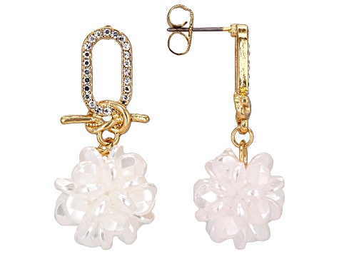 White Acrylic & Crystal Gold Tone Dangle Earrings