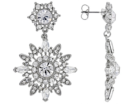 White Crystal Silver Tone Snowflake Dangle Earrings