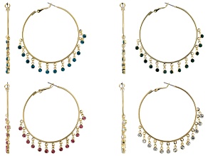 Blue, White, Green & Pink Crystal Gold Tone Hoop Earrings Set of 4