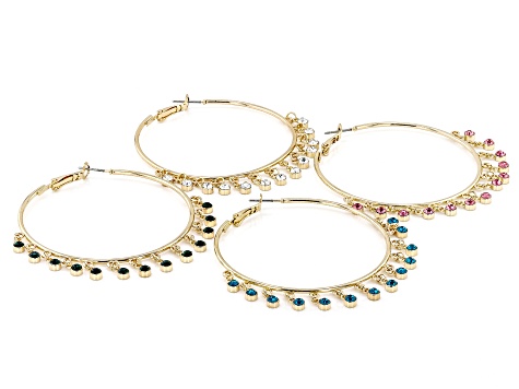 Blue, White, Green & Pink Crystal Gold Tone Hoop Earrings Set of 4