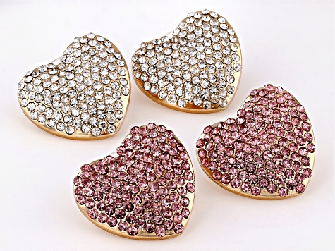 Pink and White Rhinestone Gold Tone Heart Stud Earrings Set of 2