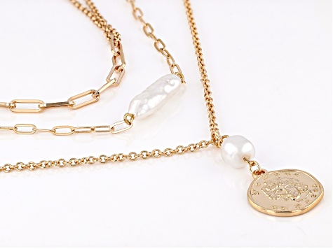 Imitation Pearl Disc Pendant Gold Tone 3 Layer Necklace