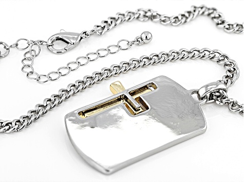 White Crystal Two Tone Inspirational Cross Dog Tag Pendant With Chain