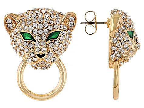 White Crystal Gold Tone Jaguar Doorknocker Drop Earrings