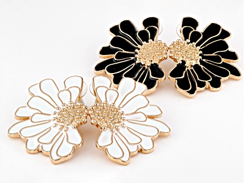 Black & White Enamel Gold Tone Floral Earrings Set Of 2