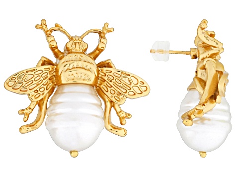 Pearl Simulant Gold Tone Bee Earrings