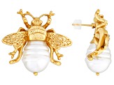 Pearl Simulant Gold Tone Bee Earrings