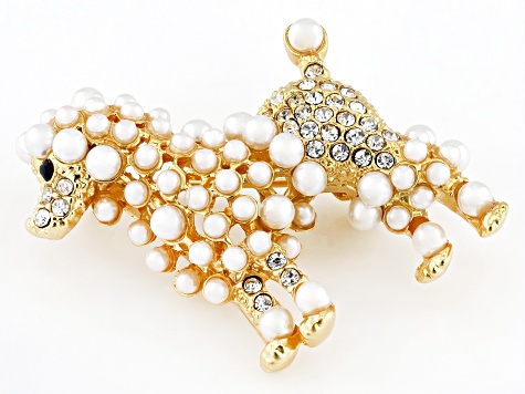 Pearl Simulant With Crystal Gold Tone Poodle Brooch