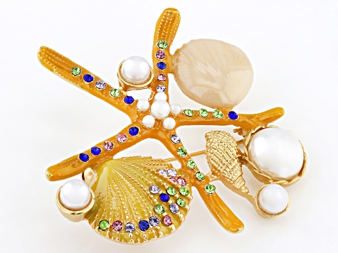 Pearl Simulant With Crystals Gold Tone Sea Life Brooch