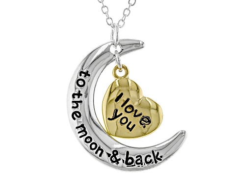 "I Love You To The Moon & Back" Silver Tone Crescent & Gold Tone Heart Pendant With Chain