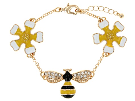 White Crystal Gold Tone Bee & Flower Station Bracelet