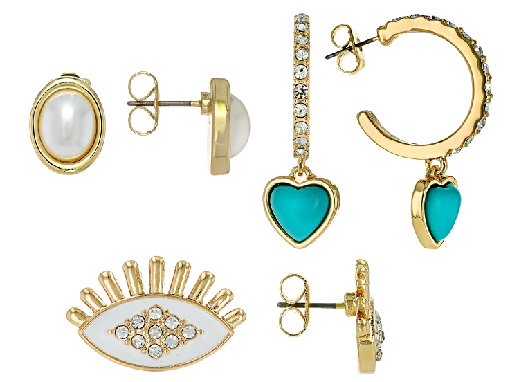 Multi-Color Crystal With Acrylic Gold Tone Earring Set of 3