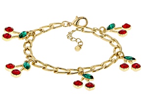 Red & Green Crystal Gold Tone Cherry Charm Bracelet