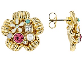 Multi-Color Crystal & Acrylic Gold Tone Flower Stud Earrings