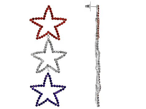 Red, White & Blue Crystal Silver Tone Star Dangle Earrings