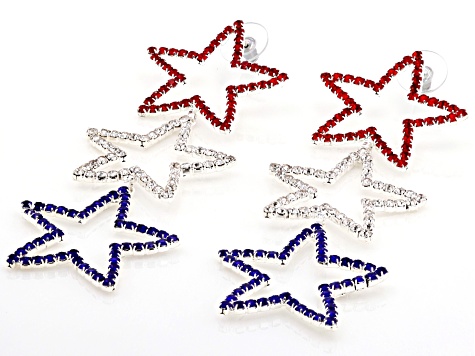Red, White & Blue Crystal Silver Tone Star Dangle Earrings