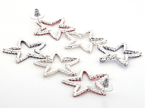 Red, White & Blue Crystal Silver Tone Star Dangle Earrings