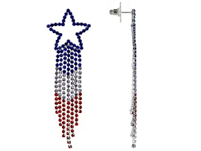 Red, White & Blue Crystal Silver Tone Star Tassel Earrings