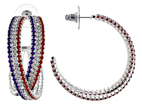Red, White & Blue Crystal Silver Tone Hoop Earrings