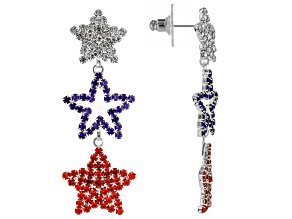 Red, White & Blue Crystal Silver Tone Star Dangle Earrings