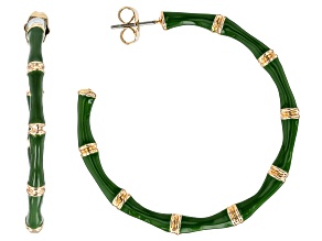 Green Enamel Gold Tone Bamboo Style Hoop Earrings